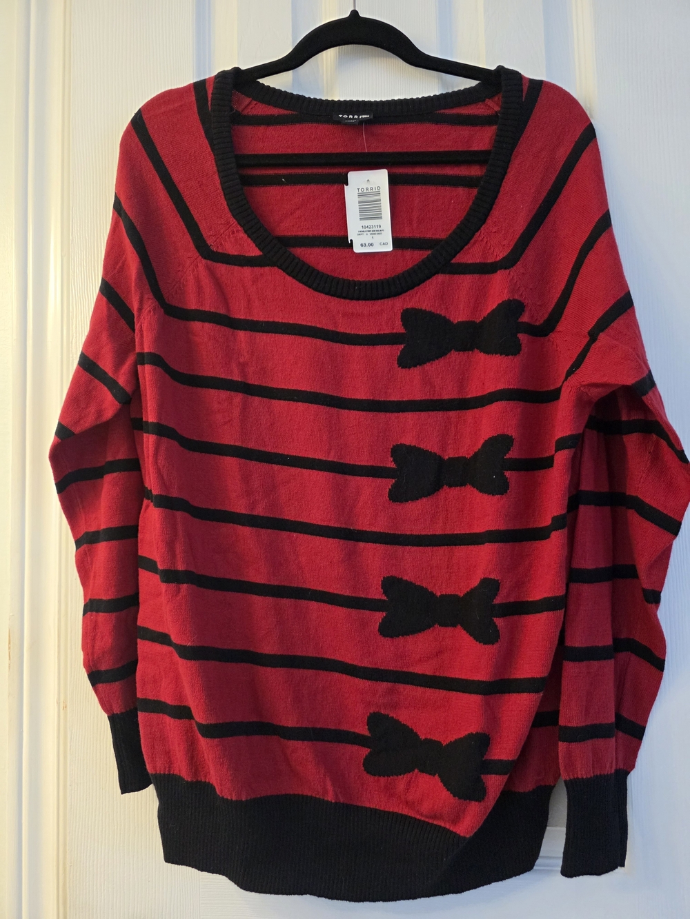 torrid Red & Black Striped Bow-Applique Scoop Neck Sweater